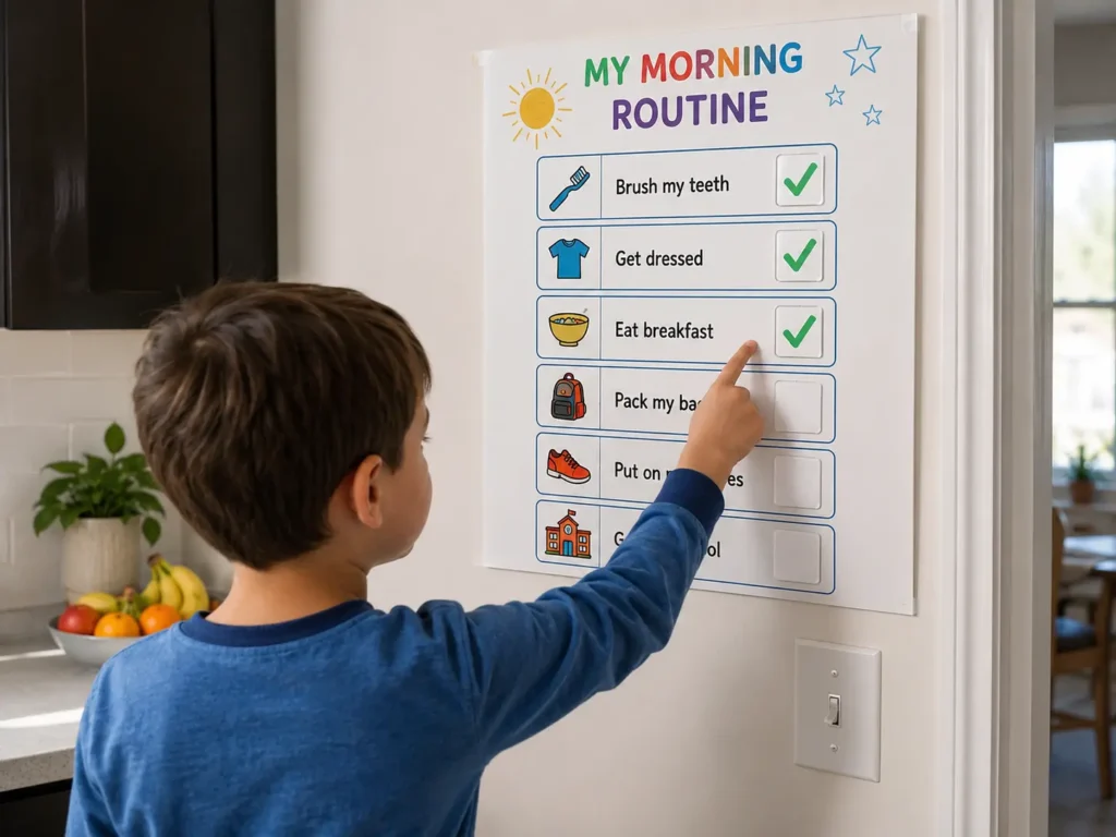 Visual morning routine chart on a kitchen wall