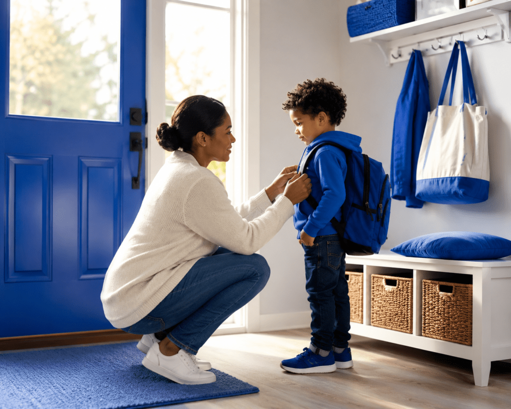 parent and child using a launch pad by the door as part of an ADHD morning routine